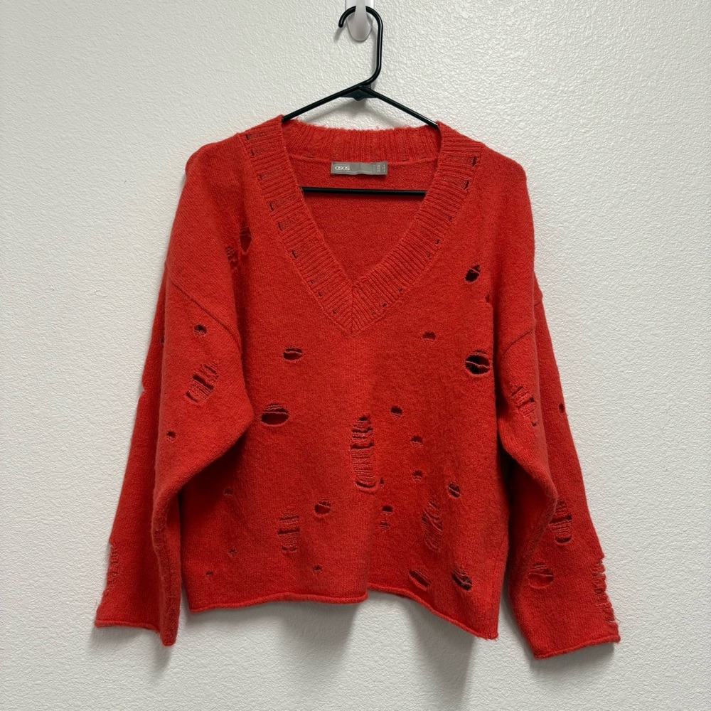 ASOS Intentional Distressed Orange Vneck Sweater Sz 2 grunge punk whimsygoth